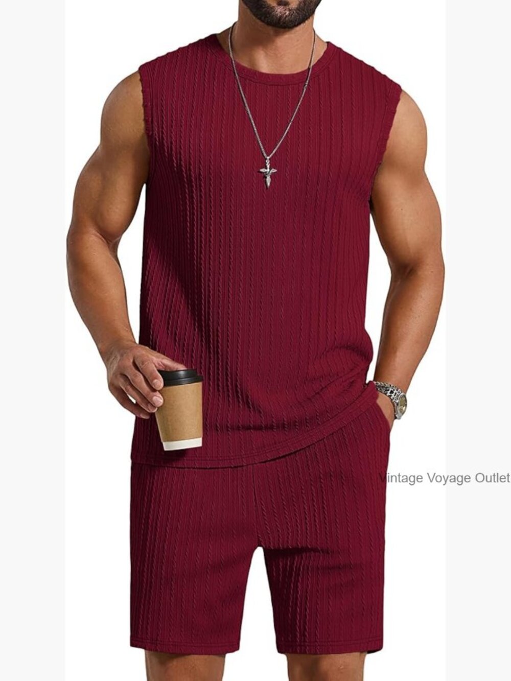 Men's 2 Piece Knit Sleeveless Shirt and Shorts Set Summer Outfit